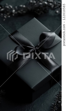 an elegant black gift box with a sleek satin ribbon tied into a neat bow 122010565
