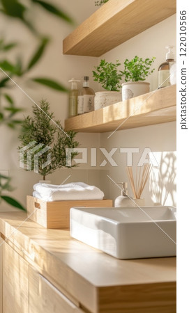 minimalist bathroom featuring wooden shelves and cabinets, greenery in small pots, a white ceramic sink 122010566