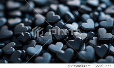 glossy black heart-shaped objects, creating a textured and visually captivating surface 122010567