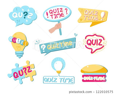 Quiz time label featuring a question mark, ideal for business, marketing, and advertising purposes. 122010575