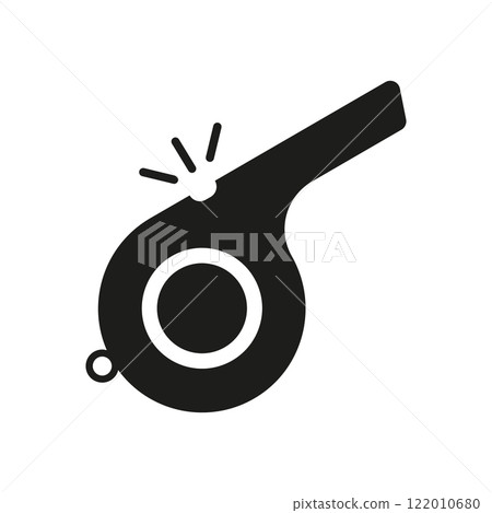 Whistle Silhouette Icon for Referee or Sports Equipment. Referee Sport Tool Symbol. Signal or Alert Sound Tool. Isolated Vector Illustration 122010680