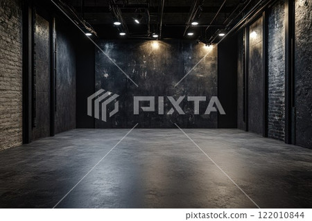 Dark studio with concrete floor, textured surface and lighting effect, modern industrial look, subtle light variations. Dark studio with concrete floor, textured surface and lighting effect, modern industrial look, subtle light variations. 122010844