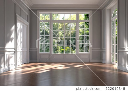 Elegant empty room, wooden floors and gray walls, white moulding and large window with nature view, gentle ambient lighting. 122010846
