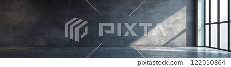 Industrial room with a gray wall, concrete floor, minimalist design, diffused lighting. Banner with copy space. 122010864