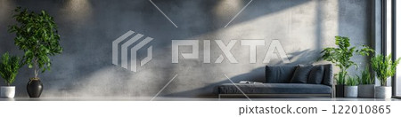 Industrial room with a gray wall, concrete floor, minimalist design, diffused lighting. Banner with copy space. 122010865