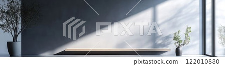 Modern hall interior, empty gray wall, clean and simple design, diffused daylight. Banner with copy space. 122010880