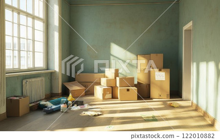 New home move-in, cardboard boxes and cleaning equipment, scattered supplies in an empty room, natural daylight. 122010882