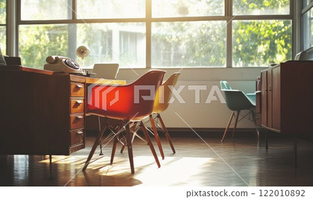 Vintage plastic chairs in a mid-century modern office, wooden desk and rotary phone, chairs arranged around the desk, natural sunlight streaming through large windows. 122010892