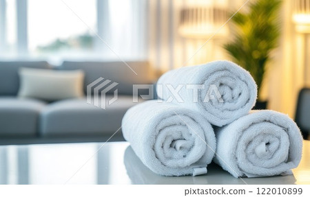 White towels rolled up on a table, copy space with blurred living room background, clean and simple design, diffused lighting. 122010899