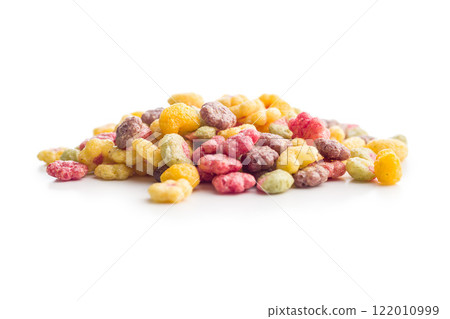 Colorful breakfast cereals in the shape of various fruit isolated on white background. 122010999