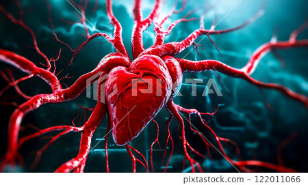 A red heart with arteries and veins in the middle of it A red heart with arteries and veins in the middle of it 122011066