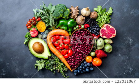 A heart made out of fruits and vegetables on a table 122011067