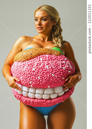 A woman in a bikini holding a giant hamburger made out of pills 122011101