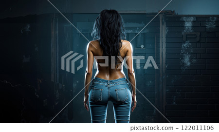 A woman standing in front of a door in a dark room A woman standing in front of a door in a dark room 122011106
