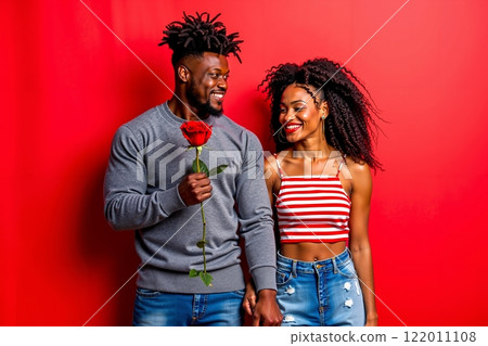A man and a woman holding hands and smiling while holding a rose A man and a woman holding hands and smiling while holding a rose 122011108