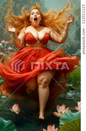 A woman in a red dress sitting on a lily pad in a pond 122011125