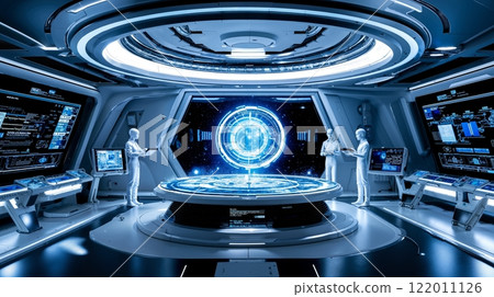 A futuristic space station with people standing in front of a large screen A futuristic space station with people standing in front of a large screen 122011126