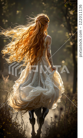 A woman in a white dress is walking through a field of tall grass A woman in a white dress is walking through a field of tall grass 122011136