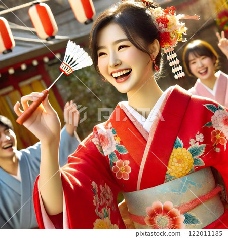 I drew a picture of a woman in a red furisode enjoying playing hanetsuki with her friends using the generated font. I drew a picture of a woman in a red furisode enjoying playing hanetsuki with her friends using the generated font. 122011185