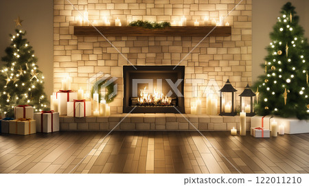 A Christmasdecorated living room with a fireplace and trees 122011210