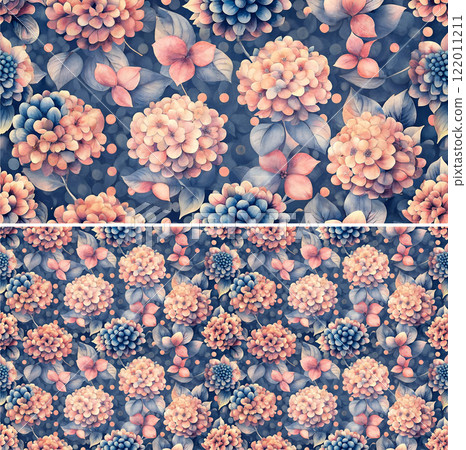 A vibrant floral pattern featuring hydrangeas and leaves, designed with soft pastel colors on a dark background for a refreshing aesthetic A vibrant floral pattern featuring hydrangeas and leaves, designed with soft pastel colors on a dark background for a refreshing aesthetic 122011211