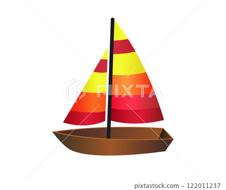 Side of brown wooden sailing boat icon with mix of yellow, orange and red sails 122011237