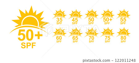SPF 50 icon. Sun protection for skin. UVA UVB sunscreen protection. SPF icon for or skin cosmetics packaging. Vector 122011248
