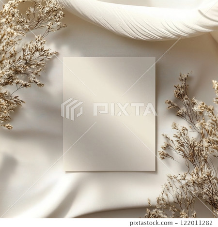 Boho styled blank white paper invitation card mockup, stationery template, natural organic beige decor with dried plants and flowers, real sunlight and soft shadows 122011282