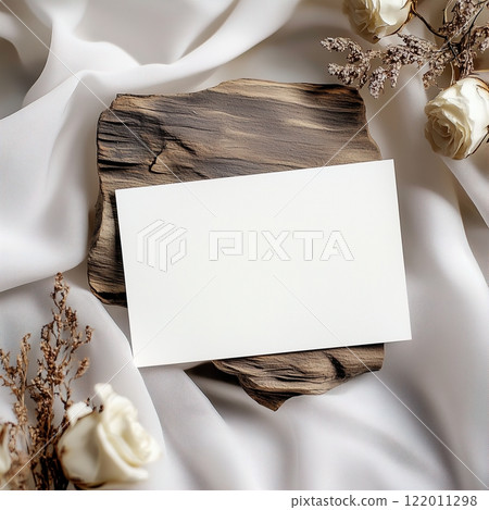 Boho styled blank white paper invitation card mockup, stationery template, natural organic beige decor with dried plants and flowers, real sunlight and soft shadows 122011298
