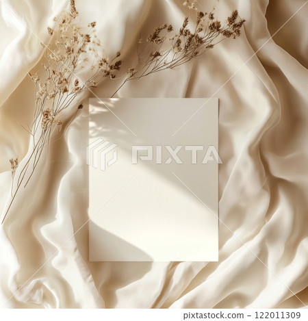 Boho styled blank white paper invitation card mockup, stationery template, natural organic beige decor with dried plants and flowers, real sunlight and soft shadows 122011309