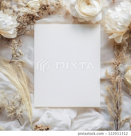 Boho styled blank white paper invitation card mockup, stationery template, natural organic beige decor with dried plants and flowers, real sunlight and soft shadows Boho styled blank white paper invitation card mockup, stationery template, natural organic beige decor with dried plants and flowers, real sunlight and soft shadows 122011312