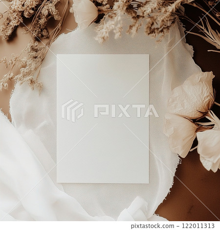 Boho styled blank white paper invitation card mockup, stationery template, natural organic beige decor with dried plants and flowers, real sunlight and soft shadows 122011313