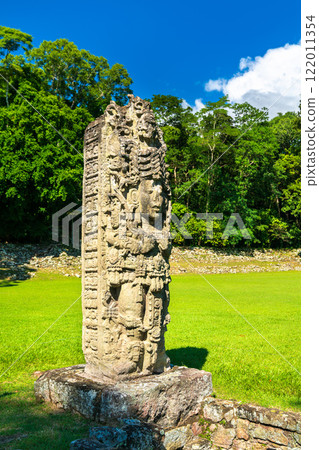 Stela A at the Main Plaza of Copan Maya Archaeological Site. UNESCO world heritage in Honduras Stela A at the Main Plaza of Copan Maya Archaeological Site. UNESCO world heritage in Honduras 122011354