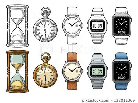 Electronic and mechanical wristwatch, smart and antique pocket watch, retro hourglass engraving 122011369