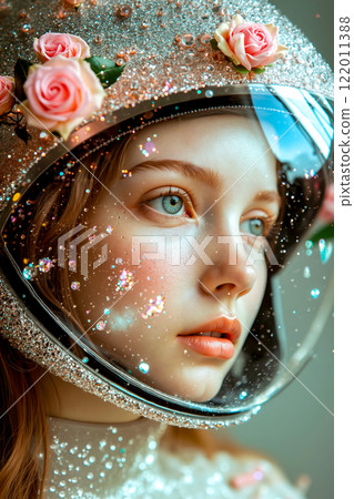 A woman wearing a space helmet with flowers on her head A woman wearing a space helmet with flowers on her head 122011388