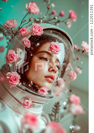 A woman in a space suit with pink roses in her hair 122011391