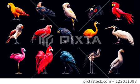 A bunch of different types of birds on a black background 122011398