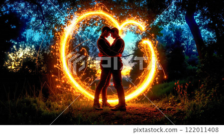 A man and woman standing in front of a heart made of fire 122011408