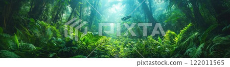 Vibrant rainforest jungle with dense vegetation and diverse flora. Panorama banner background of a tropical forest landscape. 122011565