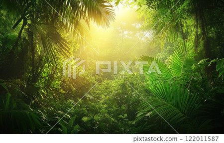 Vibrant rainforest jungle with dense vegetation and diverse flora. Panorama banner background of a tropical forest landscape. 122011587