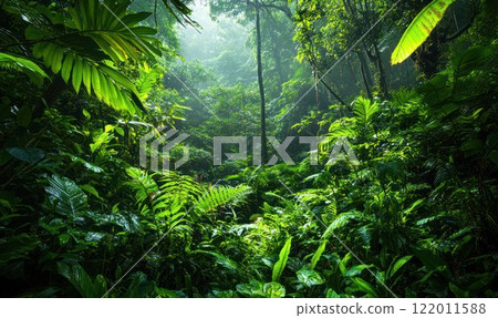 Vibrant rainforest jungle with dense vegetation and diverse flora. Panorama banner background of a tropical forest landscape. 122011588