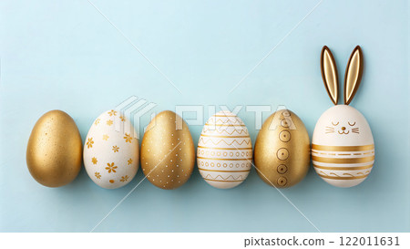 A row of golden and white Easter eggs with cute bunny ears 122011631