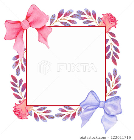 Watercolor square frame with pink and violet bows, roses and violet rose brunches. Watercolor square frame with pink and violet bows, roses and violet rose brunches. 122011719