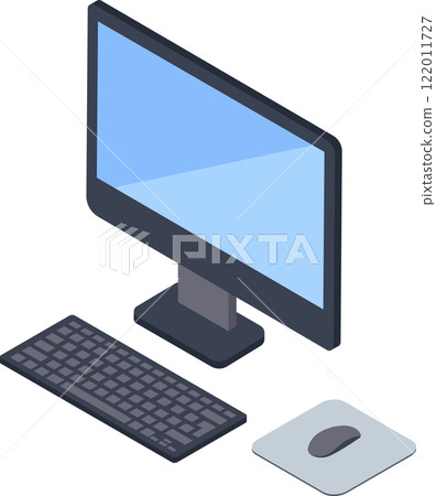 Isometric view of a desktop computer setup, featuring a monitor, keyboard, and mouse on a mousepad, representing modern workplace technology and digital productivity 122011727