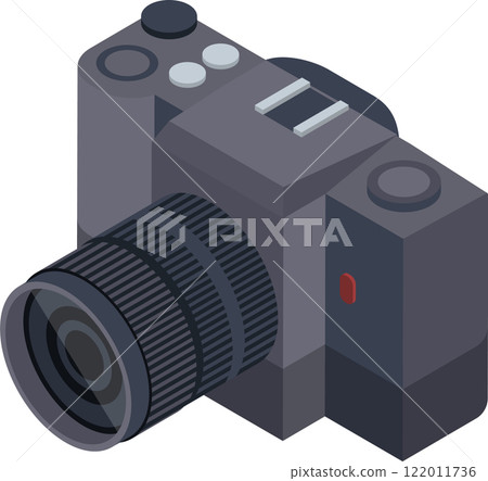 Isometric illustration of a professional digital SLR camera, showcasing its advanced features and highlighting its role in photography and videography 122011736