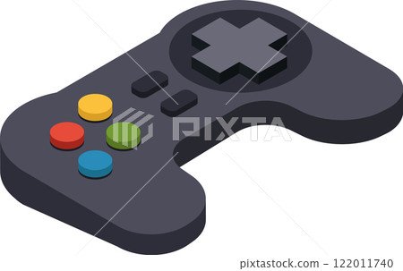 Gray wireless gamepad with colorful buttons and directional pad shown in isometric projection, representing gaming, entertainment, and leisure activities Gray wireless gamepad with colorful buttons and directional pad shown in isometric projection, representing gaming, entertainment, and leisure activities 122011740