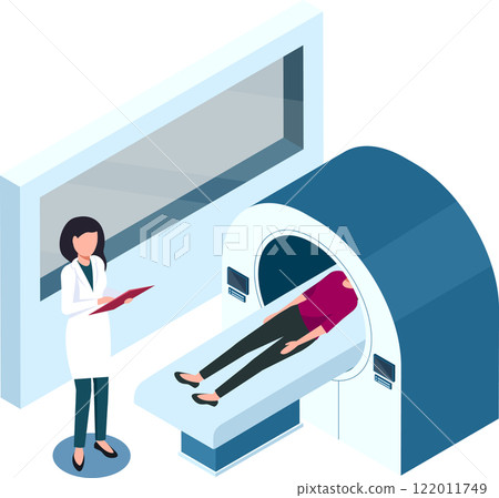 Doctor holding clipboard and supervising magnetic resonance imaging procedure on female patient lying on sliding bed, isometric vector illustration of mri scan in modern clinic Doctor holding clipboard and supervising magnetic resonance imaging procedure on female patient lying on sliding bed, isometric vector illustration of mri scan in modern clinic 122011749