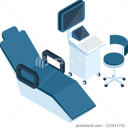 Isometric medical examination bed, ultrasound machine and doctor chair forming a medical workplace with blue and white colors for healthcare and medical concepts 122011752