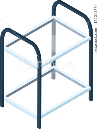 Isometric empty metal two tier shelf for storage organizing different things isolated on white background, ideal for storing various items in home, office, or warehouse settings 122011754