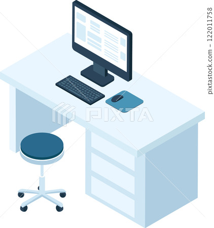 Isometric view of a workspace featuring a computer displaying data on its monitor, a keyboard, a mouse, and a rolling stool, suggesting a productive and organized office environment Isometric view of a workspace featuring a computer displaying data on its monitor, a keyboard, a mouse, and a rolling stool, suggesting a productive and organized office environment 122011758